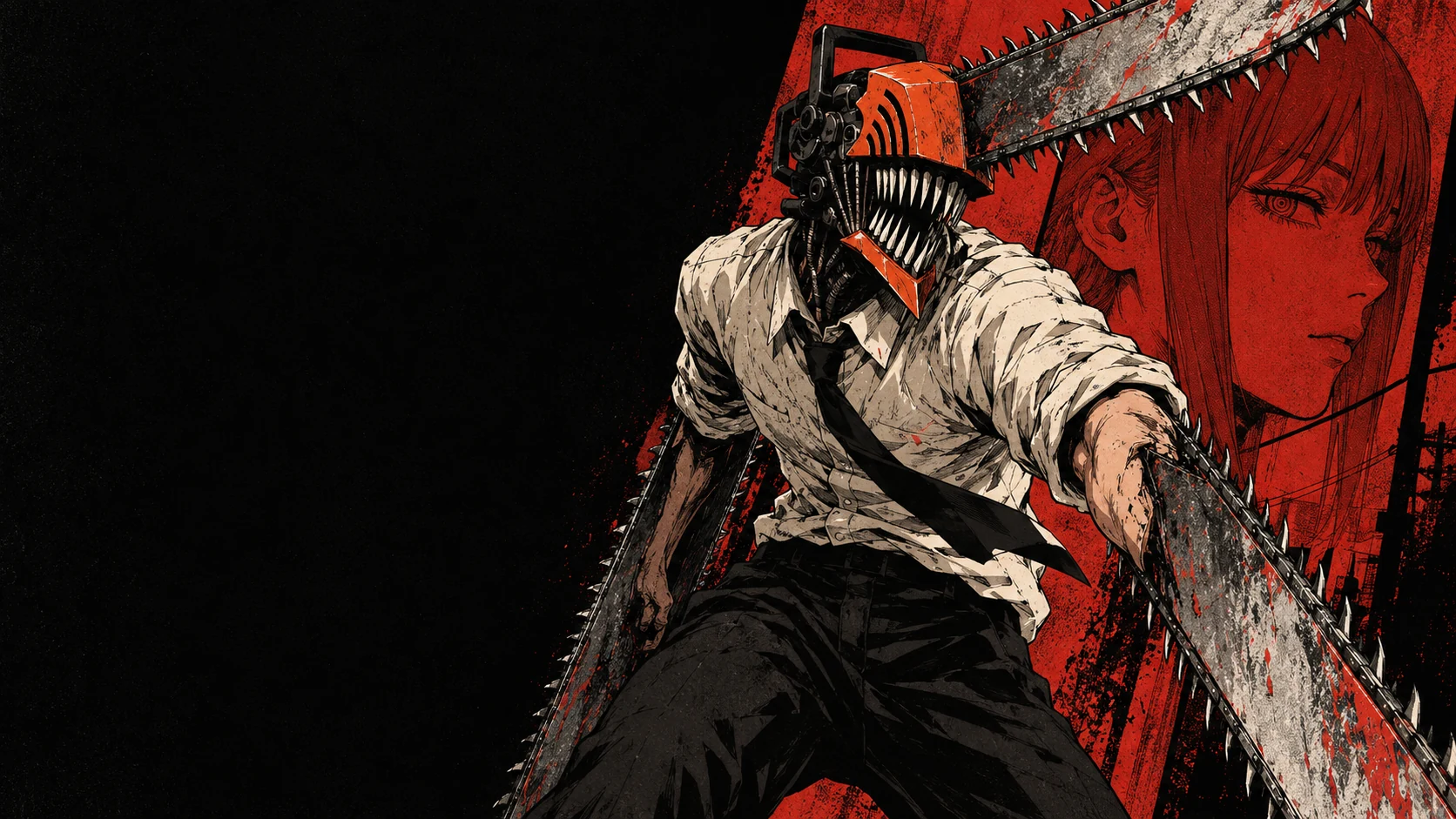 Denji in his Chainsaw Man form with Makima behind him